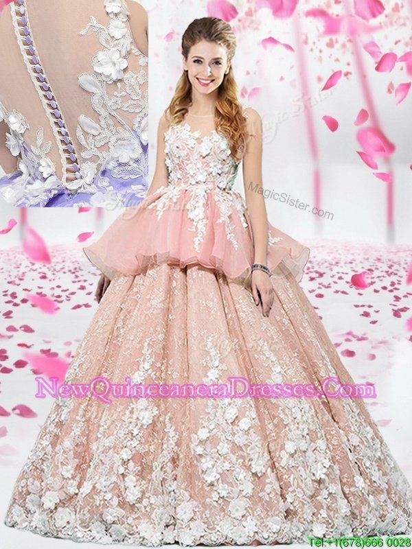 Best Selling Pink Sweet 16 Dress Military Ball and Sweet 16 and Quinceanera and For withLace and Appliques Scoop Sleeveless Lace Up