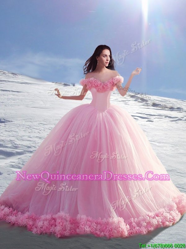 Pretty Off the Shoulder Rose Pink Cap Sleeves Court Train Hand Made Flower Ball Gown Prom Dress