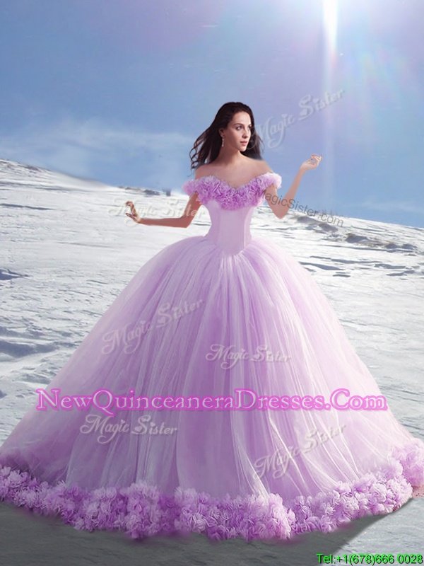 Fine Off the Shoulder Lavender Cap Sleeves Court Train Hand Made Flower Quince Ball Gowns