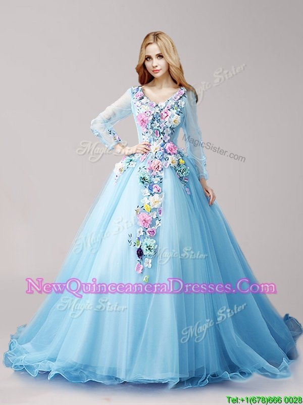 Edgy Baby Blue Ball Gowns Tulle V-neck Long Sleeves Hand Made Flower Lace Up 15th Birthday Dress Brush Train