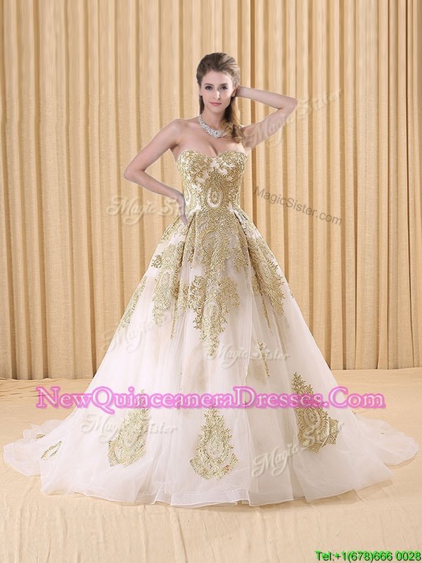 Nice Lace Up Quince Ball Gowns White and In for Military Ball and Sweet 16 and Quinceanera withAppliques Sweep Train