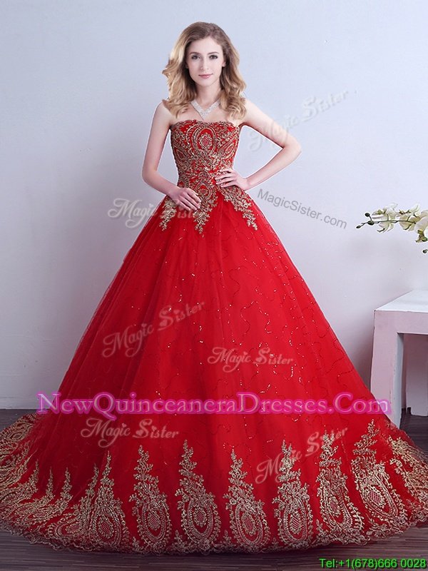 Sexy Sleeveless Court Train Lace Up Appliques and Sequins Ball Gown Prom Dress