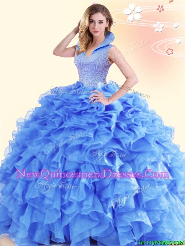 Stylish Sleeveless Backless Floor Length Beading and Ruffles 15th Birthday Dress