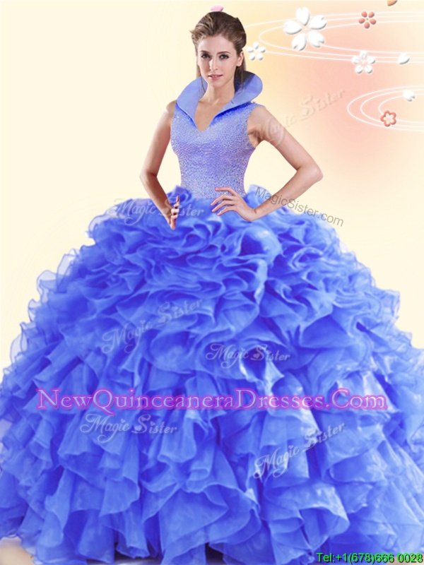 Romantic Backless Spring and Summer and Fall and Winter Organza Sleeveless Floor Length Quince Ball Gowns andBeading and Ruffles