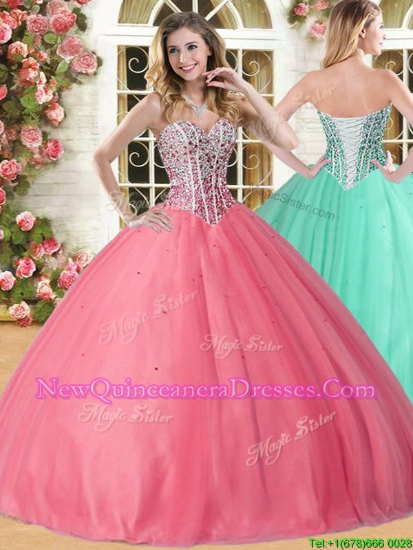 Classical Beading Quinceanera Dresses Coral Red Lace Up Sleeveless Floor Length