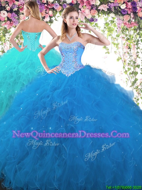 Chic Blue Ball Gowns Beading 15th Birthday Dress Lace Up Tulle Sleeveless Floor Length