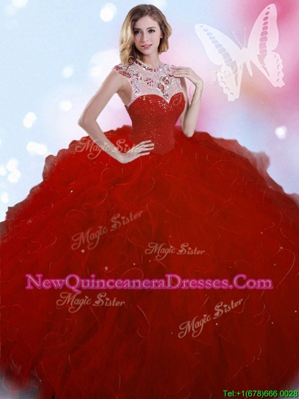 Fabulous Floor Length Wine Red Sweet 16 Quinceanera Dress High-neck Sleeveless Zipper