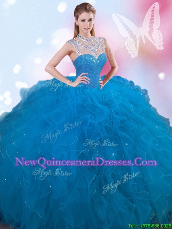 Blue High-neck Neckline Beading Sweet 16 Quinceanera Dress Sleeveless Lace Up