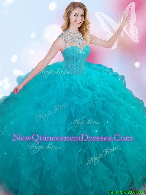 Teal Sleeveless Tulle Lace Up Sweet 16 Dress for Military Ball and Sweet 16 and Quinceanera