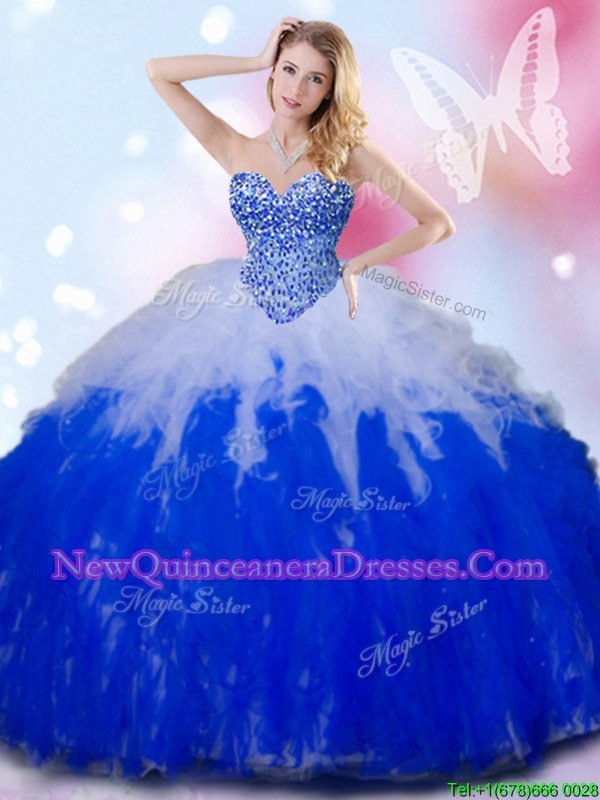 Best White and Royal Blue Ball Gowns Beading and Ruffles Sweet 16 Dresses Lace Up Tulle Sleeveless Floor Length