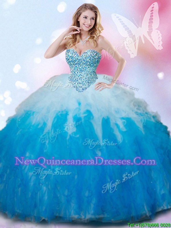 Lovely Beading and Ruffles Sweet 16 Quinceanera Dress White and Aqua Blue Lace Up Sleeveless Floor Length
