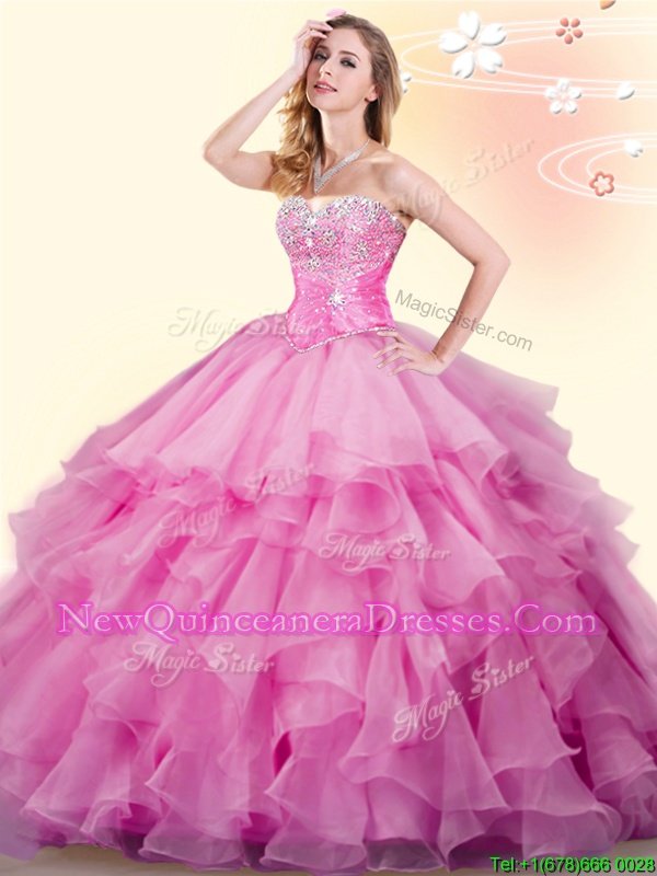 Rose Pink Sleeveless Floor Length Beading and Ruffles Lace Up Sweet 16 Dress