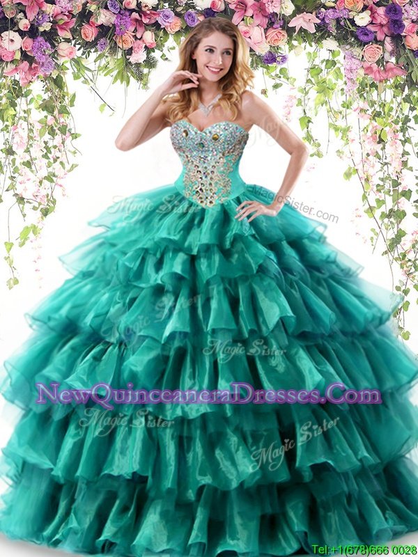 Admirable Floor Length Lace Up Quinceanera Dress Green and In for Military Ball and Sweet 16 and Quinceanera withBeading and Ruffled Layers