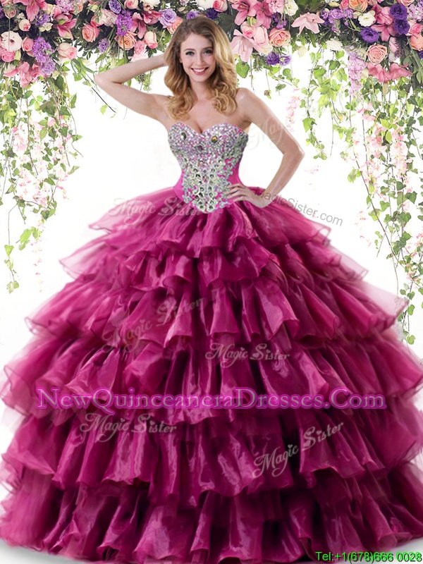 High Quality Floor Length Fuchsia 15 Quinceanera Dress Organza Sleeveless Spring and Summer and Fall and Winter Beading and Ruffled Layers