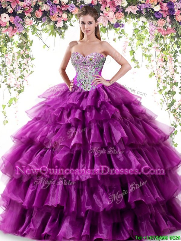 Smart Purple Organza Lace Up Sweet 16 Quinceanera Dress Sleeveless Floor Length Beading and Ruffled Layers