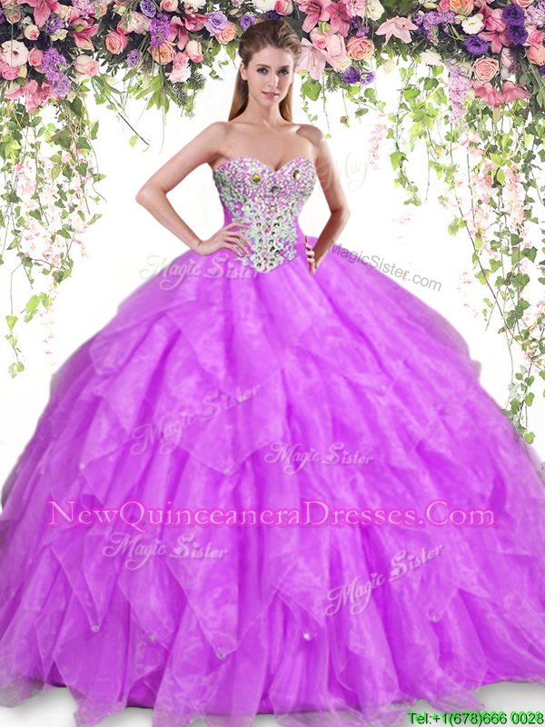 Superior Floor Length Purple Sweet 16 Dresses Organza Sleeveless Spring and Summer and Fall and Winter Beading and Ruffles