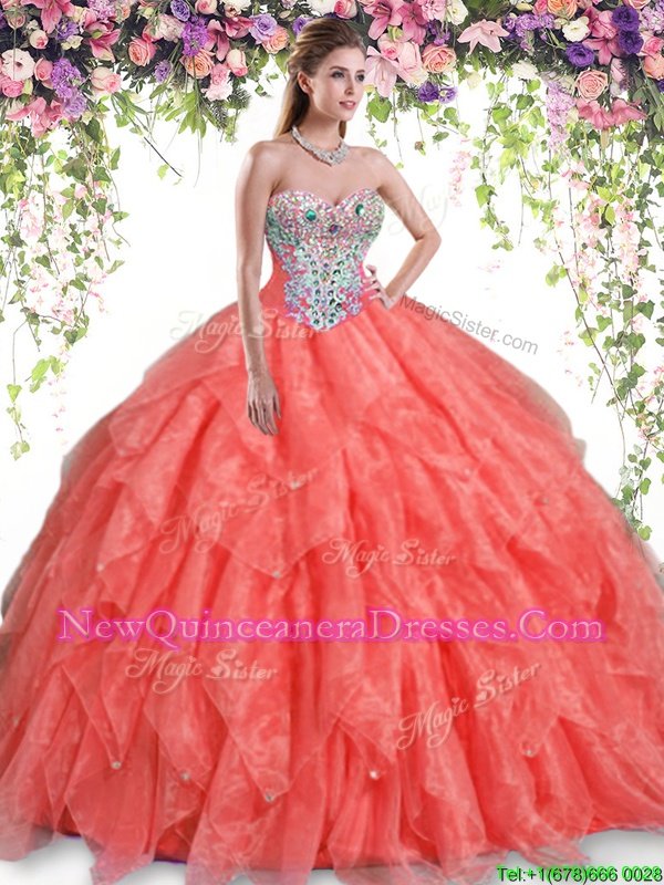 Fantastic Ball Gowns Sweet 16 Dresses Orange Red Sweetheart Organza Sleeveless Floor Length Lace Up