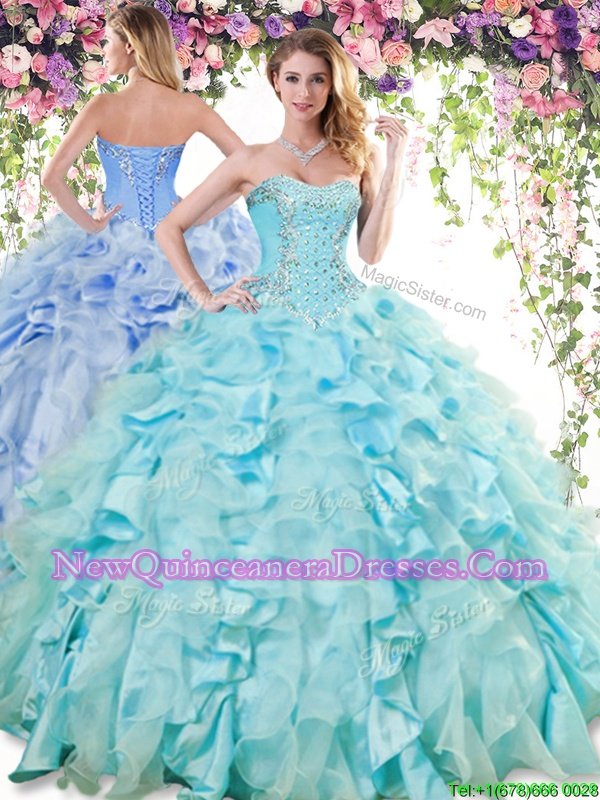 Low Price Baby Blue Lace Up Sweetheart Ruffles Quince Ball Gowns Organza and Taffeta Sleeveless