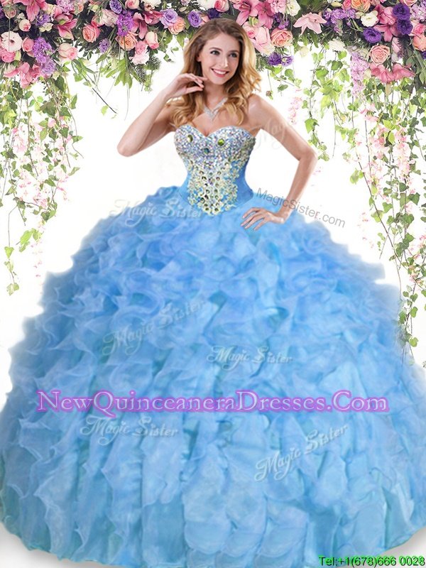 Fashionable Floor Length Baby Blue Ball Gown Prom Dress Organza Sleeveless Spring and Summer and Fall and Winter Beading and Ruffles
