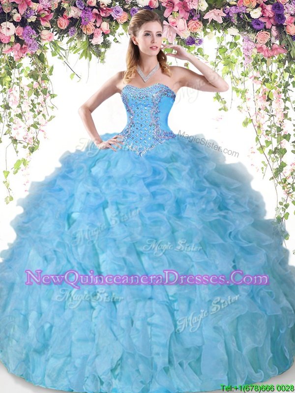 Shining Baby Blue Sweetheart Neckline Beading and Ruffles Sweet 16 Dress Sleeveless Lace Up