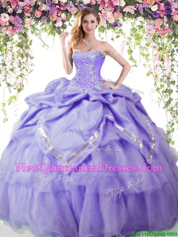 Suitable Lavender Sleeveless Floor Length Beading and Pick Ups Lace Up Quinceanera Gowns
