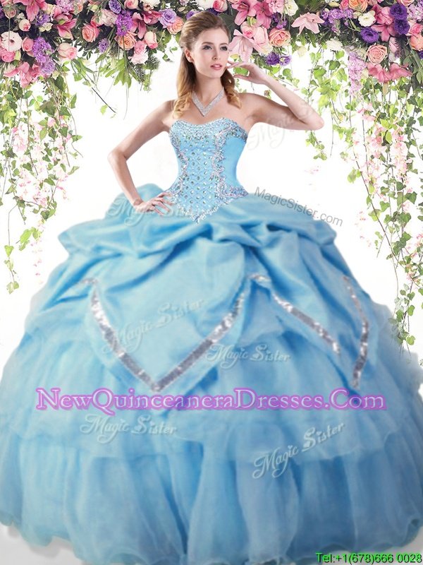 Custom Made Baby Blue Sleeveless Floor Length Beading and Pick Ups Lace Up 15 Quinceanera Dress