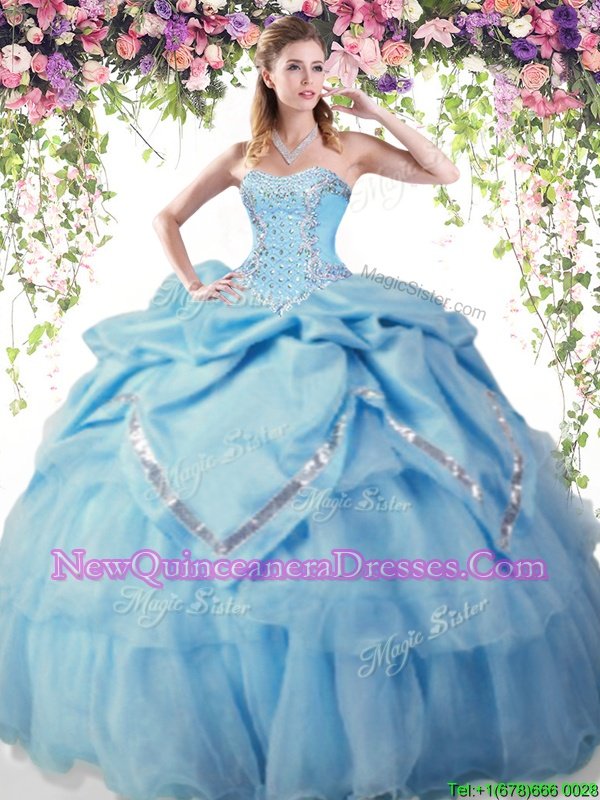 Custom Made Baby Blue Sleeveless Floor Length Beading and Pick Ups Lace Up 15 Quinceanera Dress