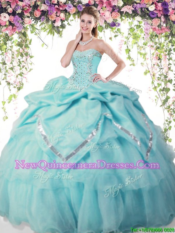 Luxurious Floor Length Aqua Blue 15th Birthday Dress Organza and Taffeta Sleeveless Spring and Summer and Fall and Winter Beading and Pick Ups