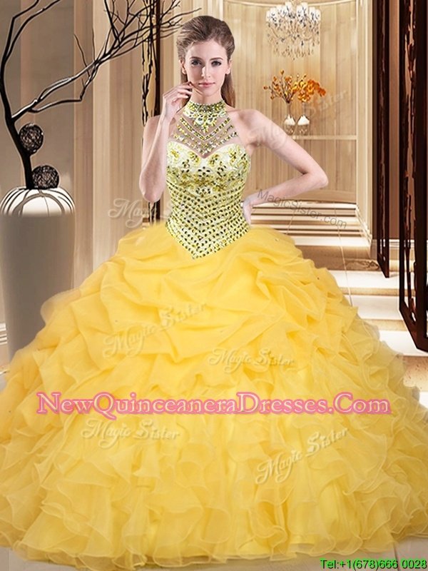 Designer Yellow Lace Up Halter Top Beading and Ruffles and Pick Ups Quince Ball Gowns Organza Sleeveless