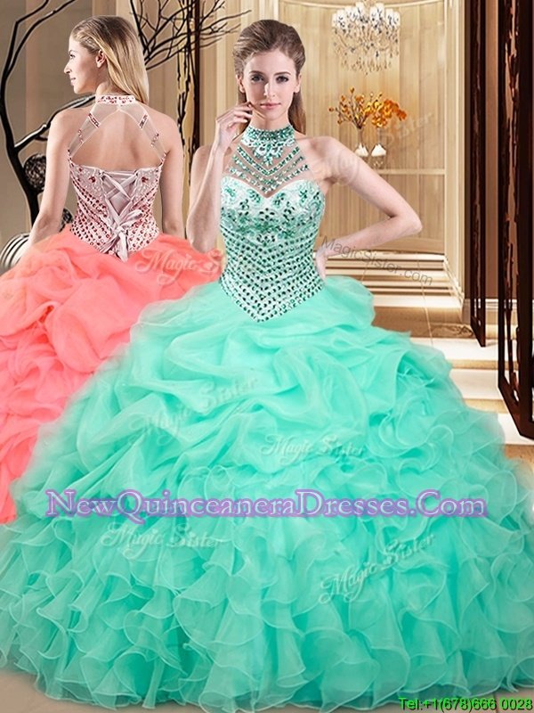 Inexpensive Pick Ups Ball Gowns Sweet 16 Dress Apple Green Halter Top Organza Sleeveless Floor Length Lace Up