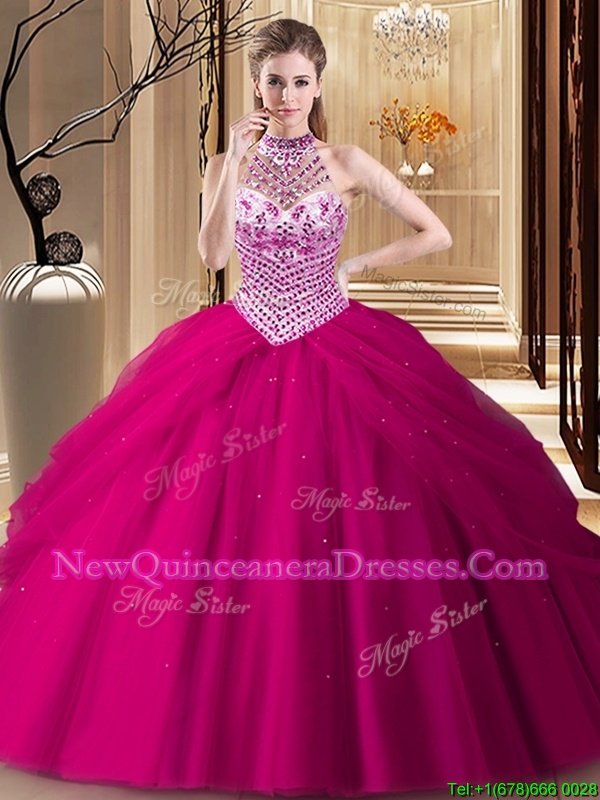 Dynamic Halter Top With Train Lace Up Sweet 16 Quinceanera Dress Fuchsia and In for Military Ball and Sweet 16 and Quinceanera withBeading and Pick Ups Brush Train