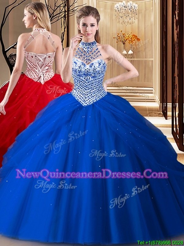 Fitting Halter Top Royal Blue Ball Gowns Beading and Pick Ups Quinceanera Dress Lace Up Tulle Sleeveless With Train