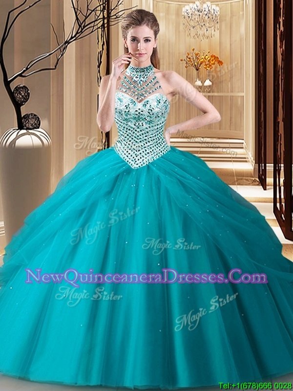 Glamorous Teal Tulle Lace Up Halter Top Sleeveless Quinceanera Dress Brush Train Beading and Pick Ups