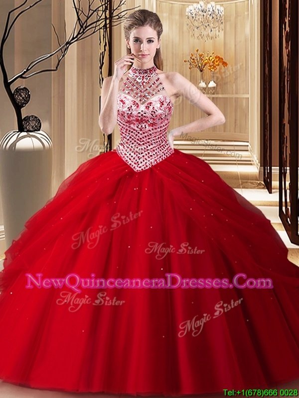 Modest Halter Top Red Sleeveless With Train Beading and Pick Ups Lace Up Ball Gown Prom Dress