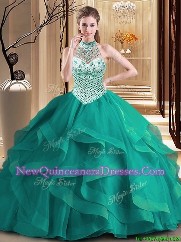 Deluxe Dark Green Vestidos de Quinceanera Military Ball and Sweet 16 and Quinceanera and For withBeading and Ruffles Halter Top Sleeveless Brush Train Lace Up