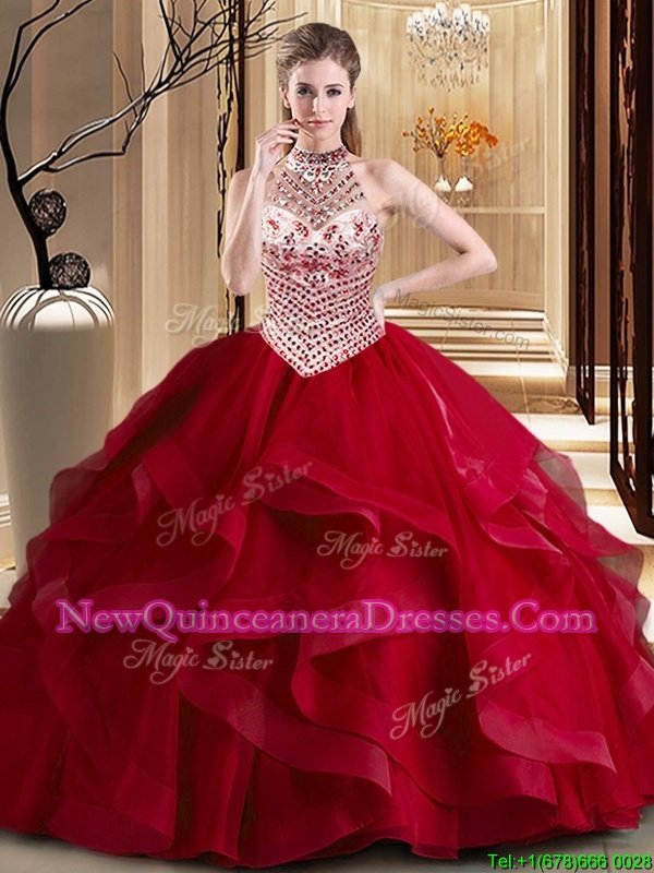 Dazzling Wine Red Halter Top Neckline Beading and Ruffles Quinceanera Gowns Sleeveless Lace Up