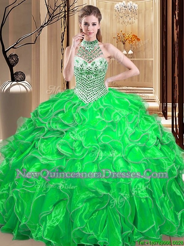 Halter Top Spring and Summer and Fall and Winter Organza Sleeveless Floor Length Quinceanera Gown andBeading and Ruffles