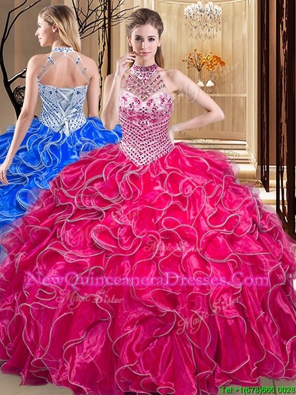 High Class Halter Top Sleeveless Organza Floor Length Lace Up Quinceanera Dress inHot Pink withBeading and Ruffles