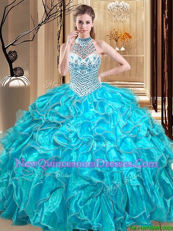 Elegant Organza Halter Top Sleeveless Lace Up Beading and Ruffles Quinceanera Dress inAqua Blue