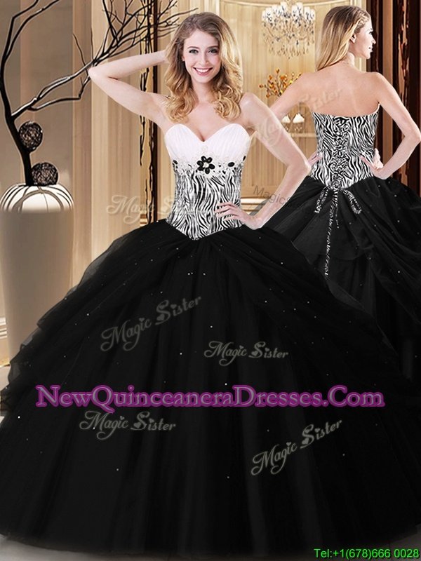 Beauteous Black Lace Up Sweetheart Pick Ups and Pattern Sweet 16 Dress Tulle Sleeveless
