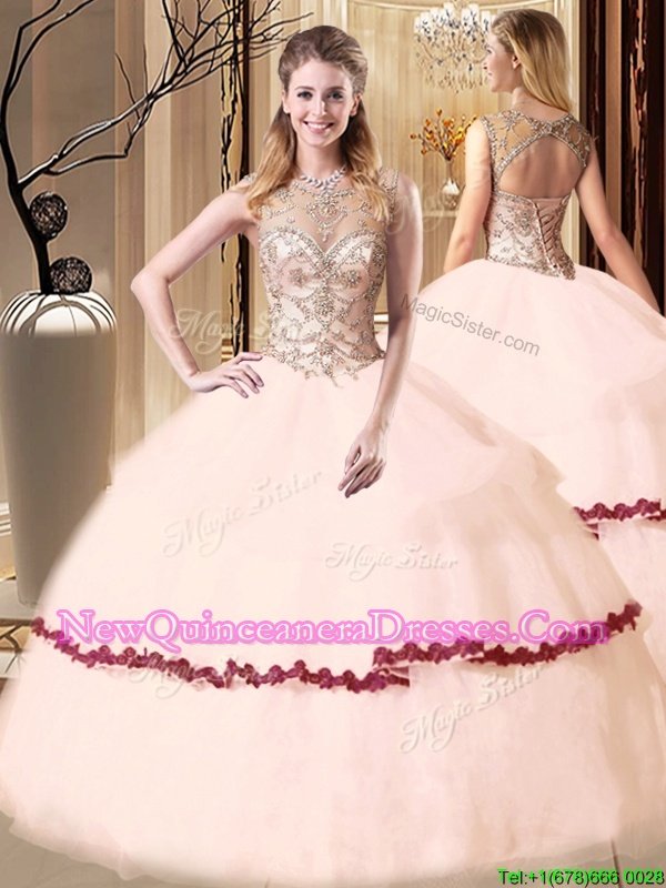 Amazing Scoop Spring and Summer and Fall and Winter Tulle Sleeveless Floor Length Quinceanera Dress andBeading and Appliques