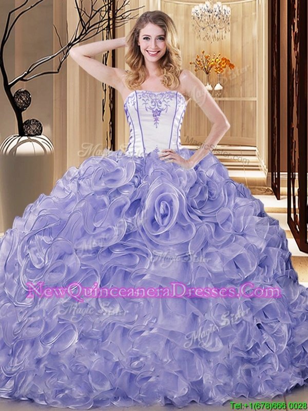White and Lavender Strapless Lace Up Embroidery and Ruffles Ball Gown Prom Dress Sleeveless