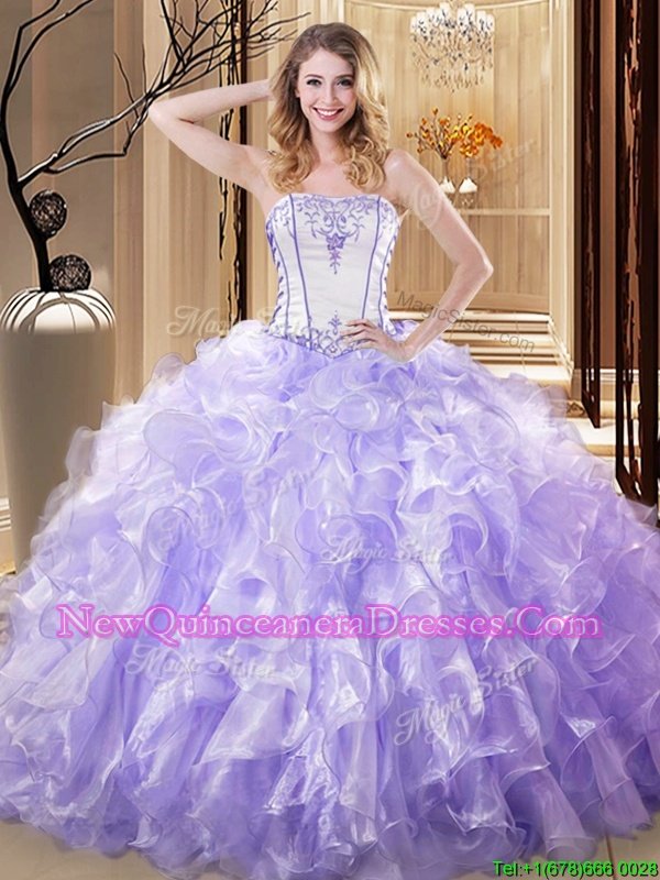 Top Selling Organza Strapless Sleeveless Lace Up Embroidery and Ruffles Quince Ball Gowns in White and Lavender