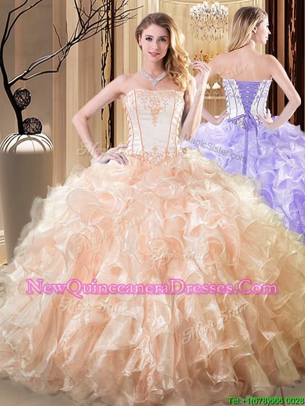 Suitable Sleeveless Organza Floor Length Lace Up Sweet 16 Quinceanera Dress in White and Yellow withEmbroidery and Ruffles