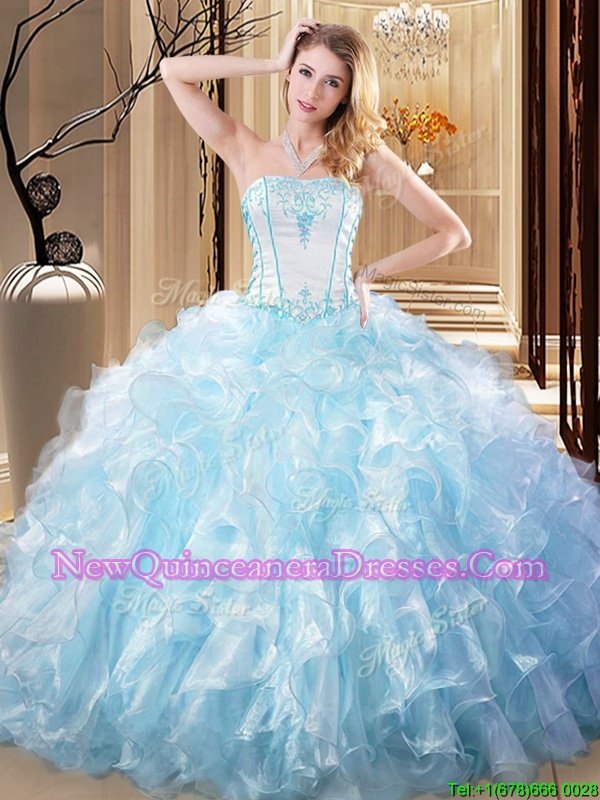 Designer Organza Strapless Sleeveless Lace Up Embroidery and Ruffles Ball Gown Prom Dress in White and Blue