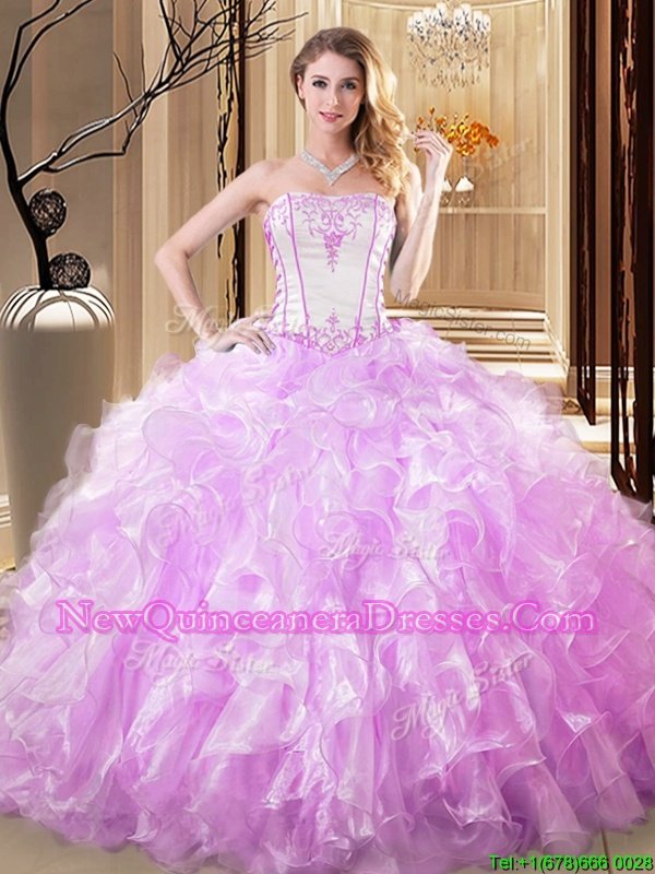 Elegant White and Lilac Sleeveless Floor Length Embroidery and Ruffles Lace Up Quinceanera Gowns