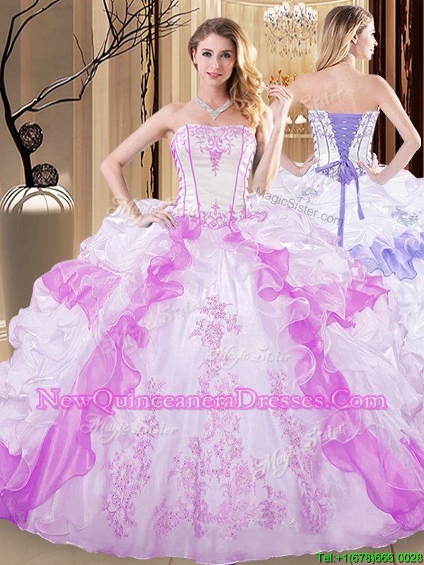 Sumptuous Ruffled Floor Length White and Lilac Ball Gown Prom Dress Strapless Sleeveless Lace Up