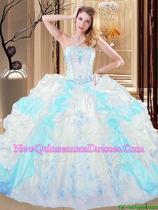 Dynamic Floor Length White and Blue Quince Ball Gowns Organza Sleeveless Spring and Summer and Fall and Winter Embroidery and Ruffled Layers