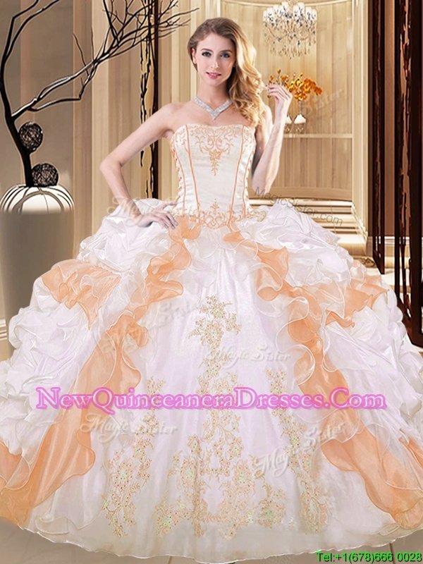 Traditional Ruffled Ball Gowns 15th Birthday Dress White and Yellow Strapless Organza Sleeveless Floor Length Lace Up