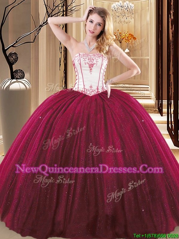 Gorgeous Red and Purple Tulle and Sequined Lace Up Strapless Sleeveless Floor Length Vestidos de Quinceanera Embroidery